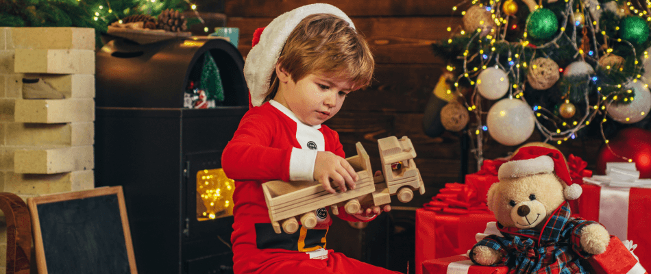 Toy factory with children receiving presents